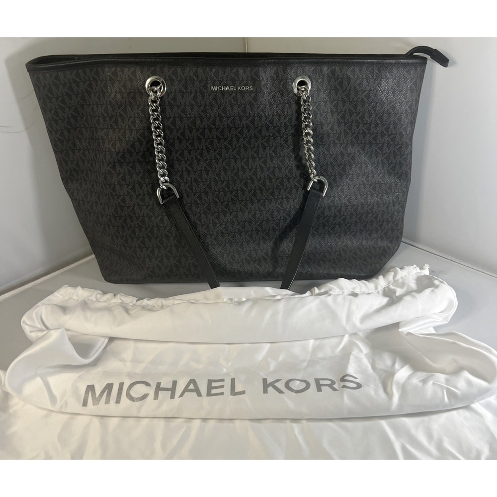 Michael Kors MK Logo Large Tote Bag Chain Shoulder Strap Black Gray w/Dust Cover